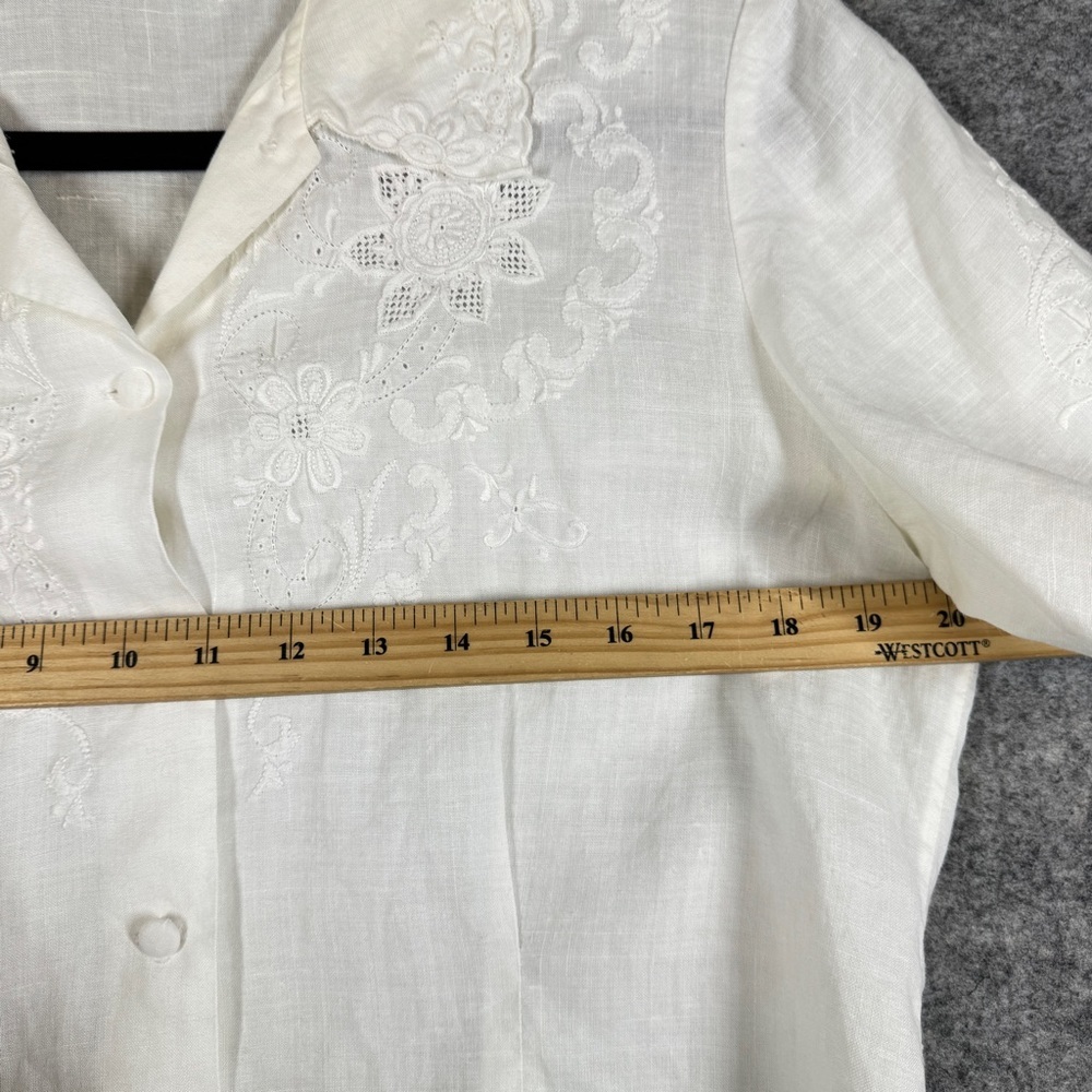 Vintage Ivory Linen Embroidered Button Blouse XL Short Sleeve Summer Cottagecore - Picture 12 of 16
